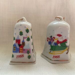 Lillian Vernon Vintage 1988  Porcelain Christmas Bells Ornaments Santa-Set of 2